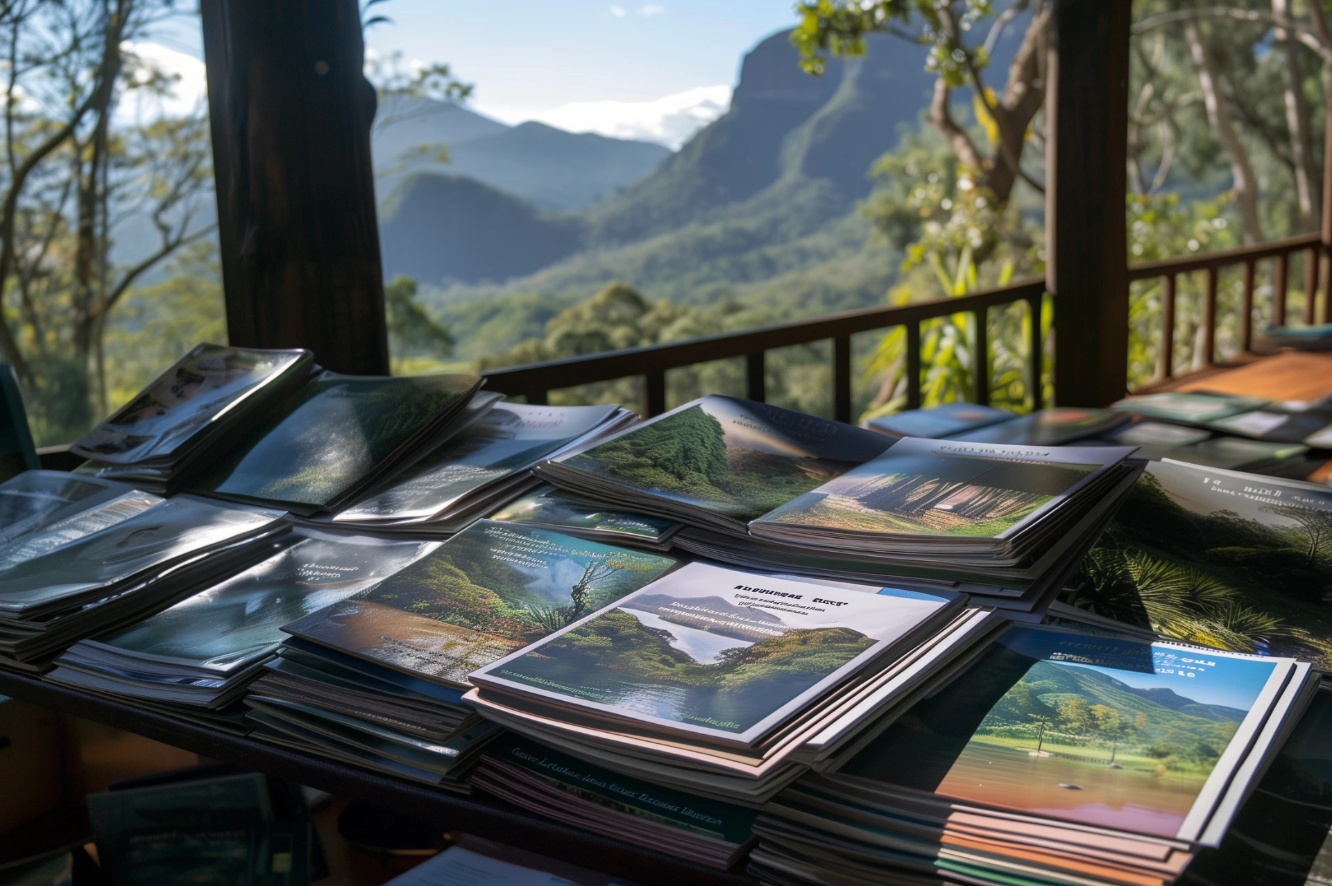 A stack of brochures for different retreat locations