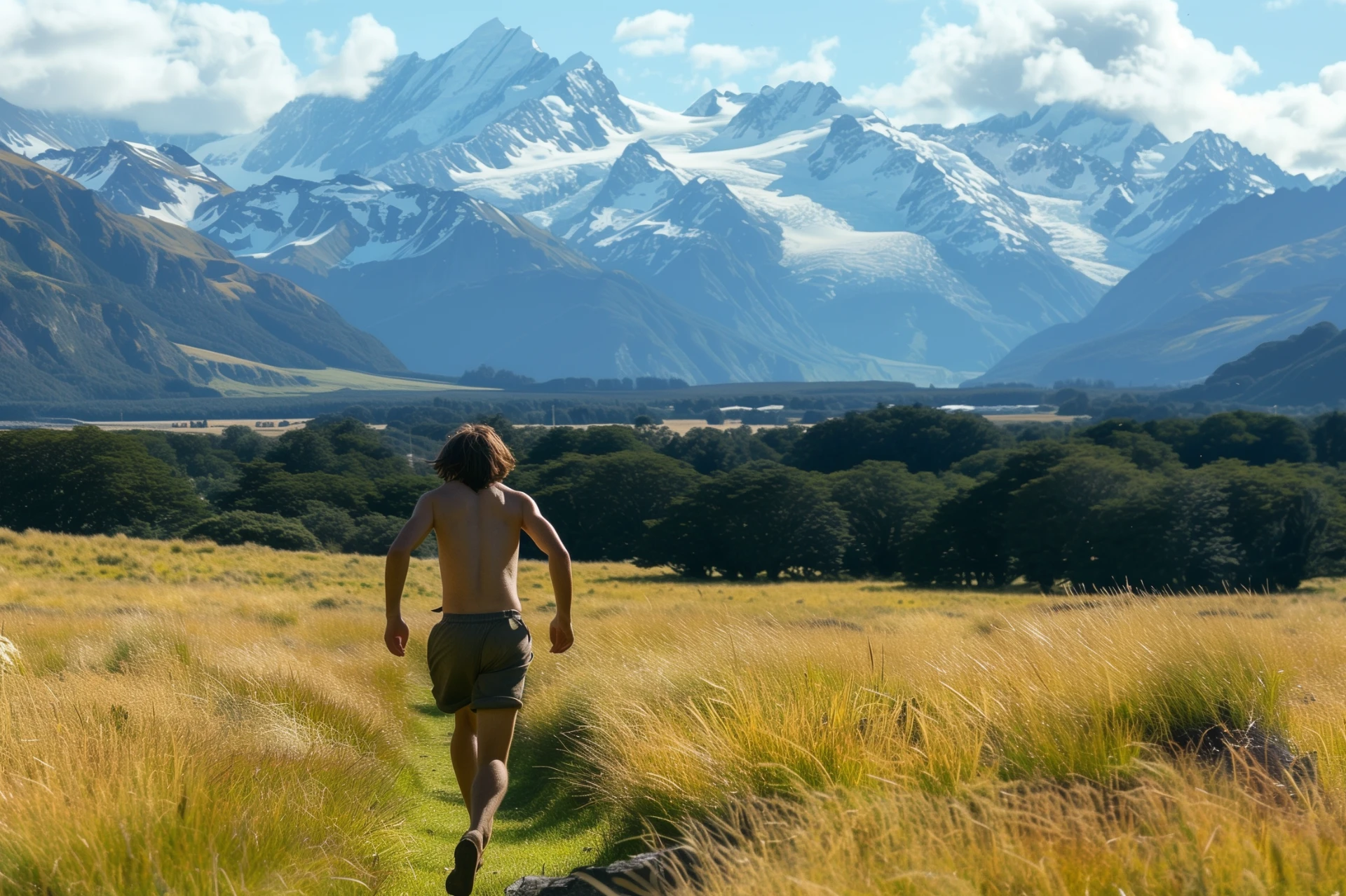 A man walks through natural scenery dressed like a caveman.