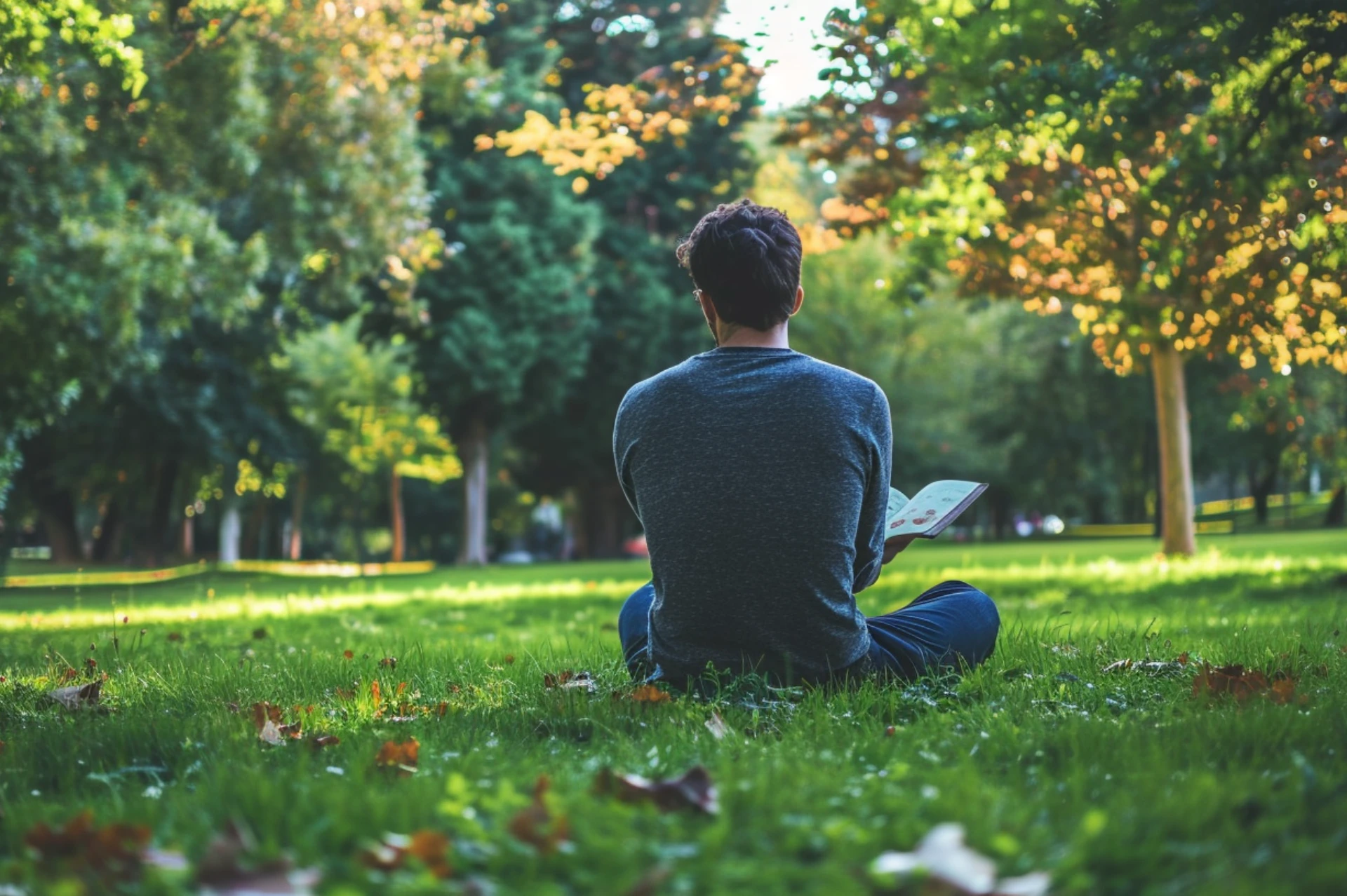 A man sits in a park with trees and thinks.