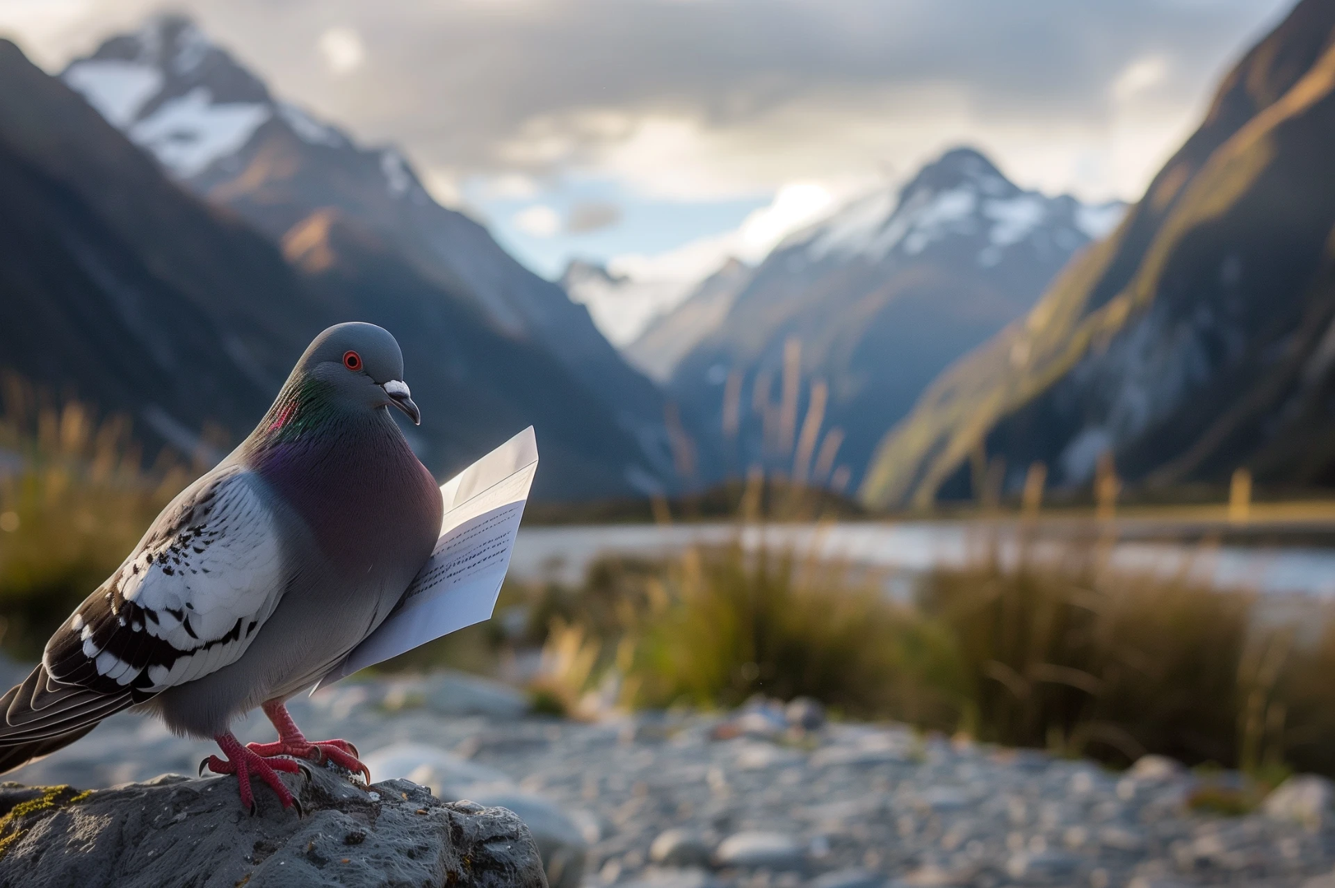 A pigeon holding mail with nice scenery behind.