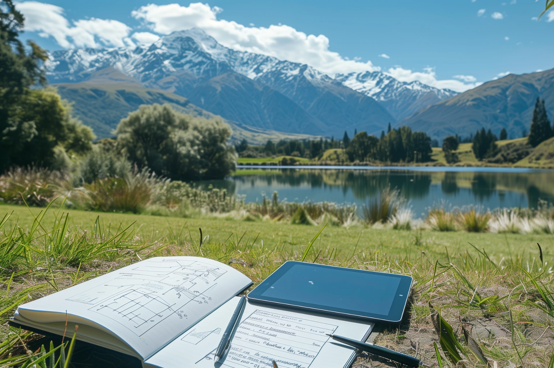 A journal and a tablet sitting on the grass in front of a lake and snow capped mountain.