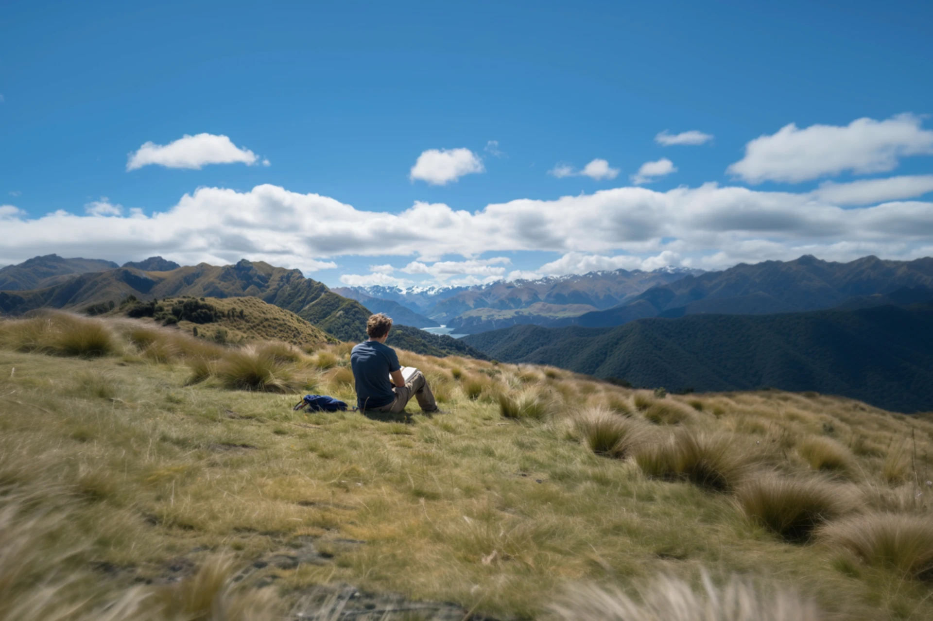 A man sits and journal his thoughts surrounded by beautiful views.